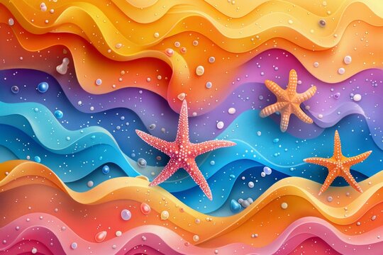 Summer banner: July or august abstract bech banner with star fish in orange, pink, purple and blue tones