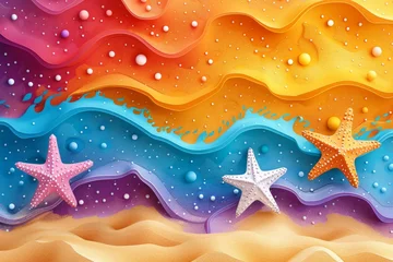 Foto auf Leinwand Summer banner: July or august abstract bech banner with star fish in orange, pink, purple and blue tones © annne