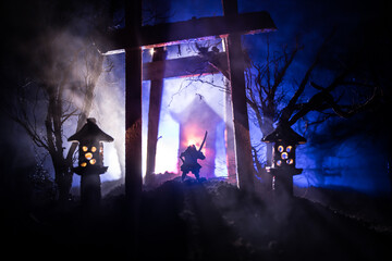 Creative artwork decoration. Abstract Japanese style wooden tunnel at night. Night scene in fantasy...