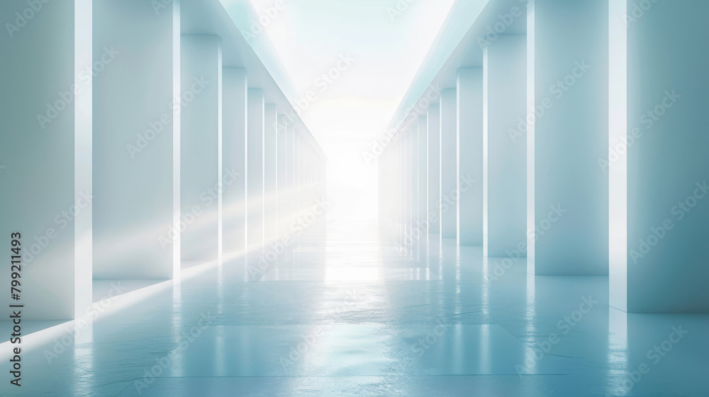Poster minimalist white corridor with glowing lights and a modern architectural design