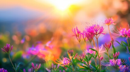 Vibrant sunset behind purple blooms - Powered by Adobe