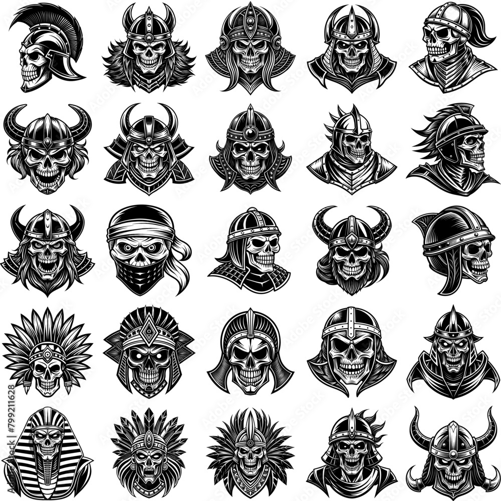 Fototapete a diverse array of various types of skulls and helmets are displayed in this collection of vector il
