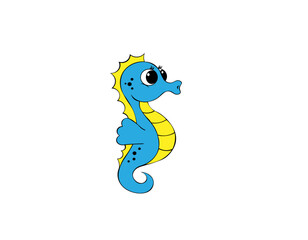 Blue cartoon seahorse isolated on white background. Vector illustration, print for background, print on fabric, paper, wallpaper, packaging.	