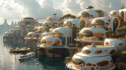 Futuristic Coastal City with Elevated Buildings and Floating Platforms - Climate Change Adaptation Concept
