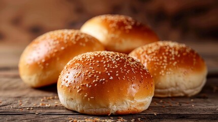 Three sesame buns on wooden surface