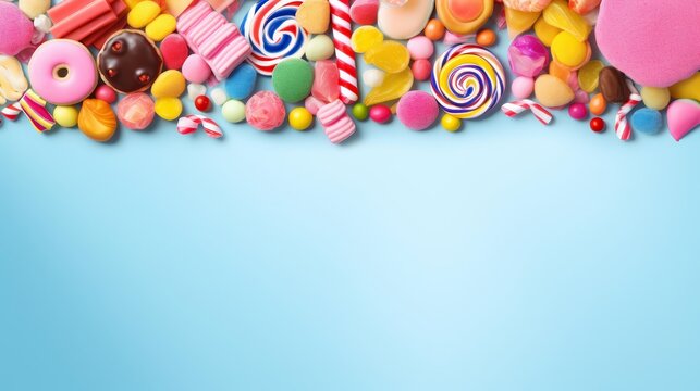 A variety of colorful candies and lollipops on a blue background