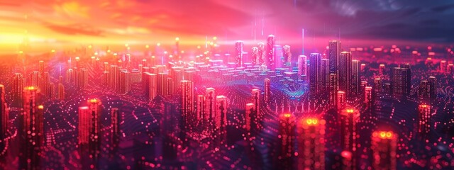 Generative AI Technology in 3D Cityscape with Data Flowing Between Devices - Digital Mesh Wireframe Concept