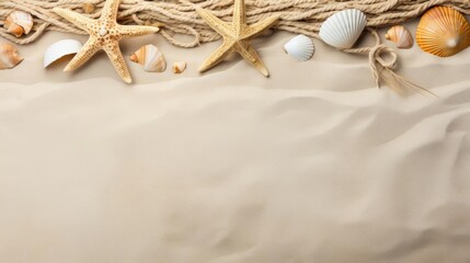 A close-up of seashells and starfish on sand with a rope at the top.