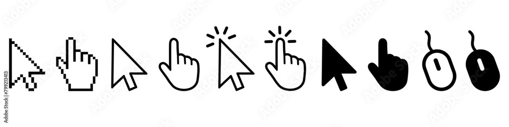 Aufkleber Cursor icons set in hand, arrow and mouse forms, mouse click cursor set, arrow and hand pointer - vector