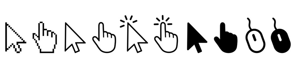 Obraz premium Cursor icons set in hand, arrow and mouse forms, mouse click cursor set, arrow and hand pointer - vector
