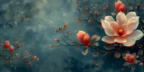 Obraz na płótnie Canvas Majestic Magnolia Bloom on Green Canvas - Watercolor Illustration