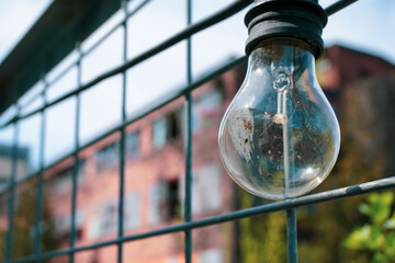 a light bulb hangs on the fence