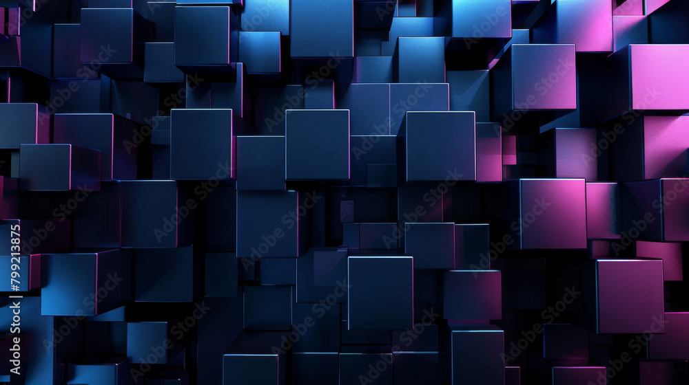 Poster 3d render of a dynamic array of metallic blue and purple cubes creating a modern abstract background