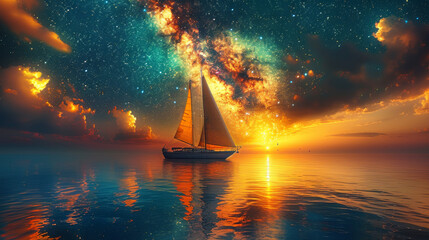 A sailboat is floating on a calm ocean at sunset. The sky is filled with stars and the water is...