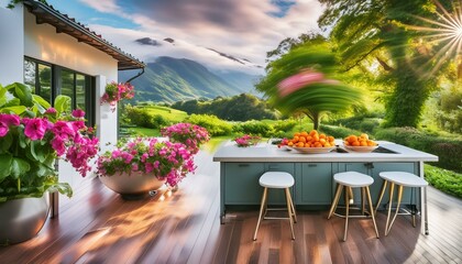 modern kitchen a high quality photograph beautiful lush green out door scene with colorful flowers