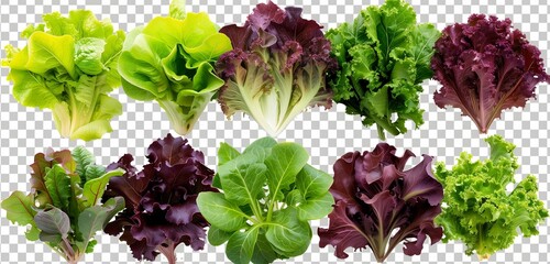 different types of lettuce cutout isolated on transparent (PNG) background - Powered by Adobe