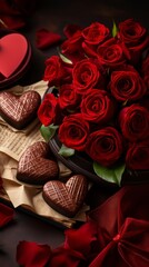 A beautiful bouquet of red roses and a box of chocolates. Perfect for Valentine's Day.