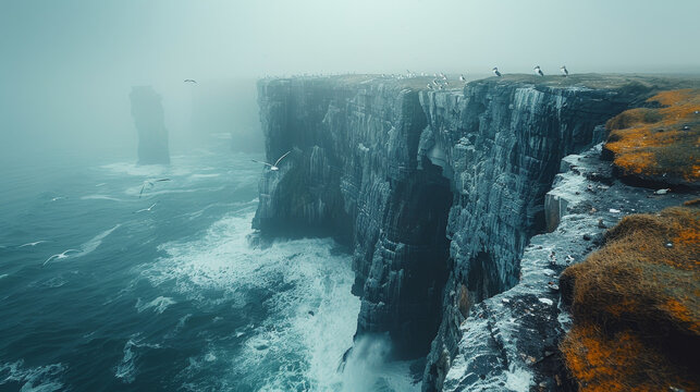 A rocky cliff overlooking the ocean with a foggy atmosphere. The foggy weather adds a sense of mystery and serenity to the scene. The cliff is home to a variety of birds, including seagulls - Powered by Adobe