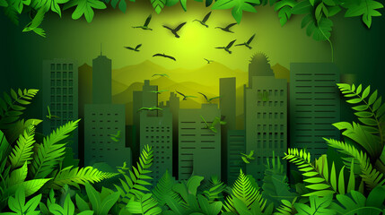 Vector illustration of a green city representing Earth Day and World Environment Day, emphasizing sustainable development with eco-friendly urban designs and lush landscapes.
