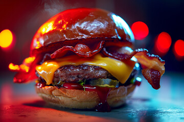 A bacon cheeseburger, its crispy bacon and melting cheese glowing under a mix of cyan, red, and...