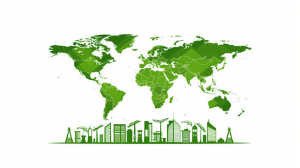 Vector illustration of a green city representing Earth Day and World Environment Day, emphasizing sustainable development with eco-friendly urban designs and lush landscapes.
