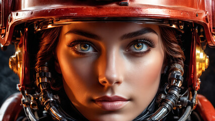 Fembot Firefighter Close up of a brave heroic robot woman with strong dependable features a