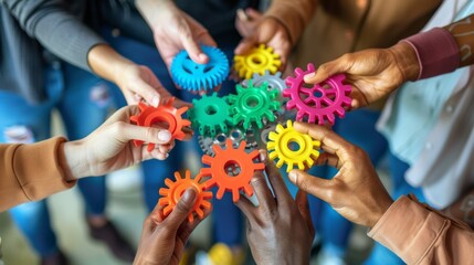 Hands Holding Colorful Gears Together