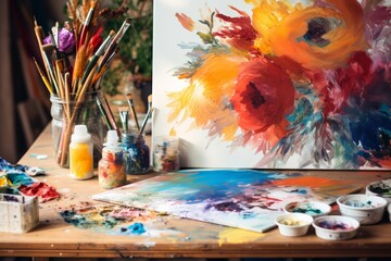 Fototapeta premium An artist's palette with a variety of colors and brushes