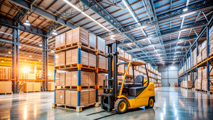 Naklejka premium A forklift truck in a large warehouse