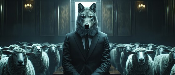 A wolf wearing a suit stands in a dark room full of sheep. The wolf is staring at the camera.