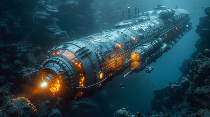 A large, futuristic ship is floating in the ocean. The ship is surrounded by a lot of rocks and has a bright orange light coming from its front. Scene is mysterious and adventurous - Powered by Adobe