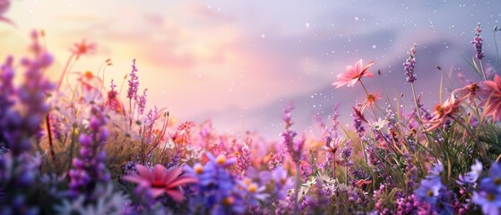 A field of flowers with a purple sky in the background. The flowers are in full bloom and the sky is a mix of pink and blue