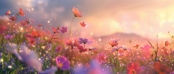 A field of flowers with a bright blue sky in the background. The flowers are in full bloom and the sky is clear and sunny