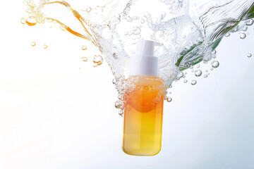 A beauty cosmetic bottle dropping into water. face or body serum product mock up