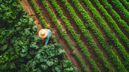 Farmers working in the field and harvesting, top view