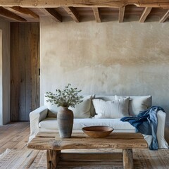 Elegant rustic living room design with aged wooden beams and textured walls
