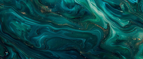 Glistening emerald marble ink drifts gracefully across a captivating abstract setting, shimmering with radiant glitters.
