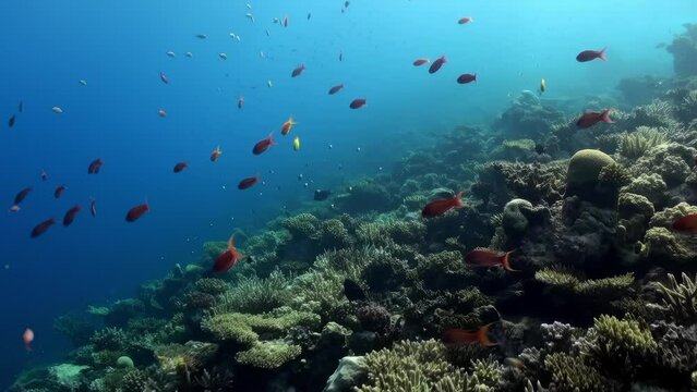 A school of fish swimming in the ocean. The fish are orange and blue. The water is clear and blue. The underwater world of the Red Sea.