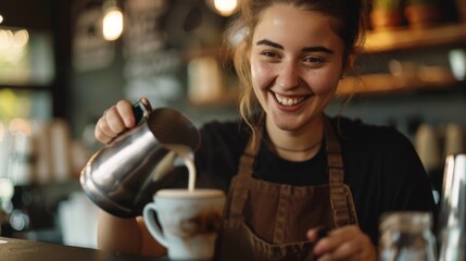 Smiling Barista Pouring Milk into Coffee