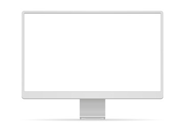 White desktop computer monitor with empty display, device screen mockup, blank screen with shadow on transparent background - vector