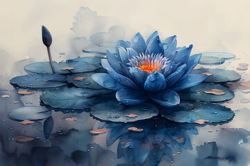 Watercolor Illustration of Cobalt Blue Lilies in Serene Landscape - obrazy, fototapety, plakaty