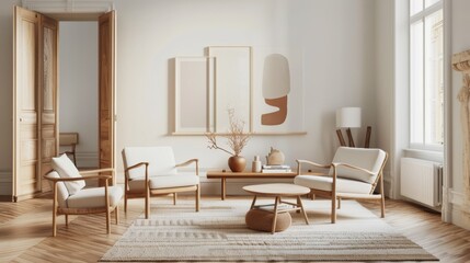 Elegant modern living room with minimalist Scandinavian design, natural light, and stylish decor