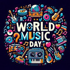 World Music Day illustration with colorful typography and instrument