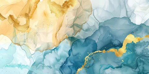Foto op Plexiglas Colors of summer. Abstract texture july or august summer banner. Abstract dusty gold liquid watercolor background with sea blue cracks. Pastel golden marble alcohol ink drawing effect. © annne