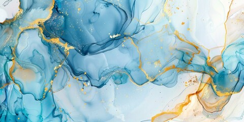 Colors of summer. Abstract texture july or august summer banner. Abstract dusty gold liquid watercolor background with sea blue cracks. Pastel golden marble alcohol ink drawing effect.