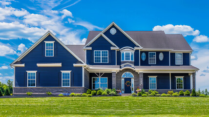 A majestic indigo house adorned with siding and shutters stands proudly on a large lot in the suburban subdivision, commanding attention against the vibrant blue sky.