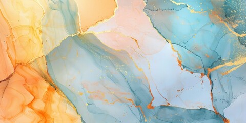 Colors of summer. Abstract texture july or august summer banner. Abstract dusty gold liquid watercolor background with sea blue cracks. Pastel golden marble alcohol ink drawing effect.