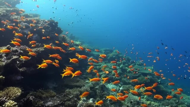 A school of fish swimming in the ocean. The fish are orange and are scattered throughout the water. The underwater world of the Red Sea.