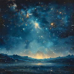 Cosmic Dreamscape: Starry Night Sky Illustration on Vintage Canvas