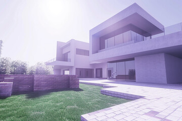 A subtle lavender house shines under the bright sun, complemented by detailed landscaping and clear...
